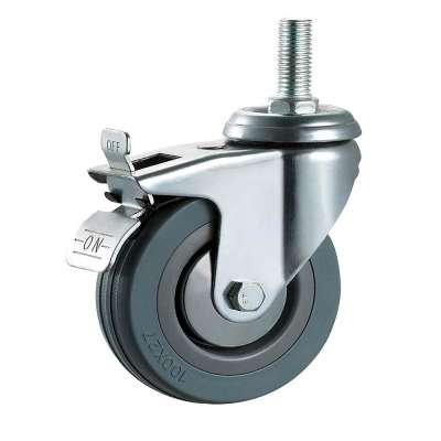 Rubber trolley caster wheel 100mm metal frame cart shelf tray swivel light duty dolly wheel with foot brake